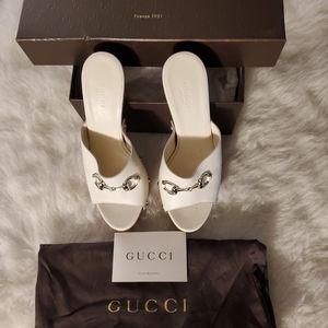Gucci Wood and White Leather Horsebit Mules